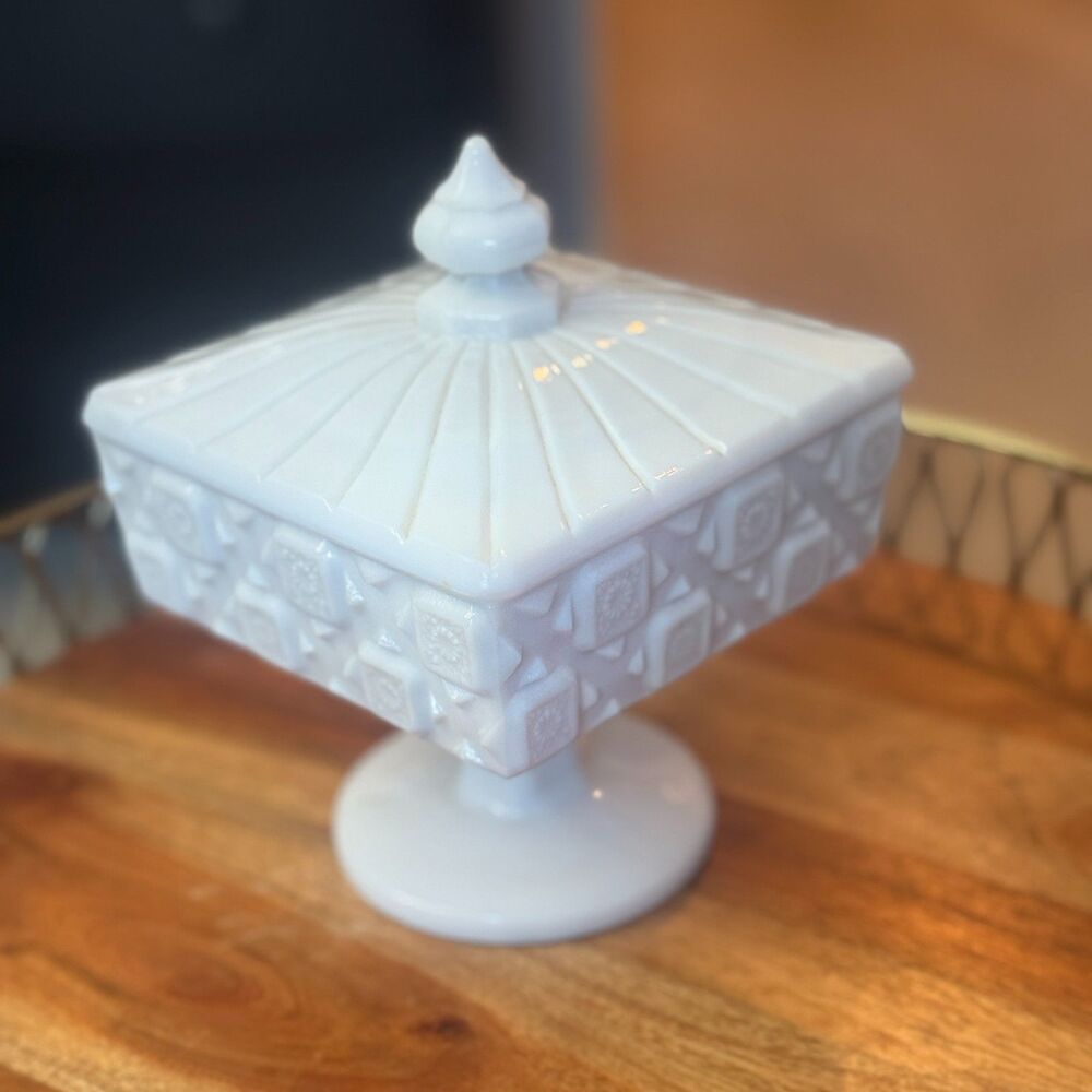 Vintage Westmoreland Old Quilt Milk Glass Covered Candy Dish Pedestal Trinket